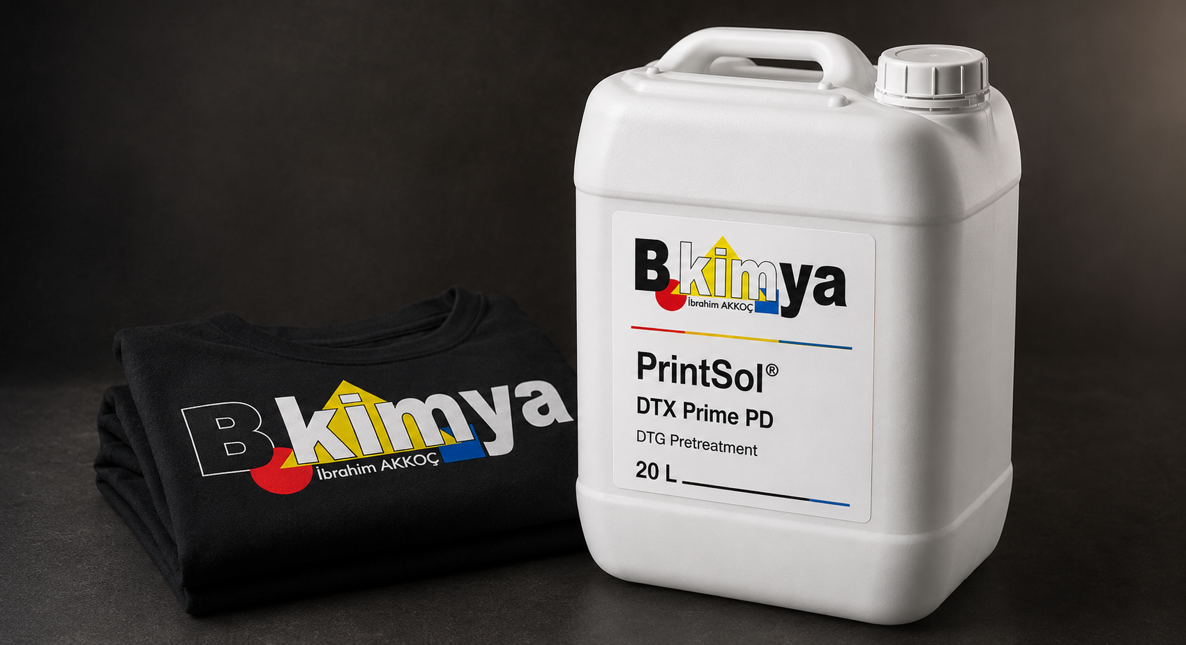 PrintSol® DTX Prime PD ürün ambalajı ve baskılı siyah kumaş